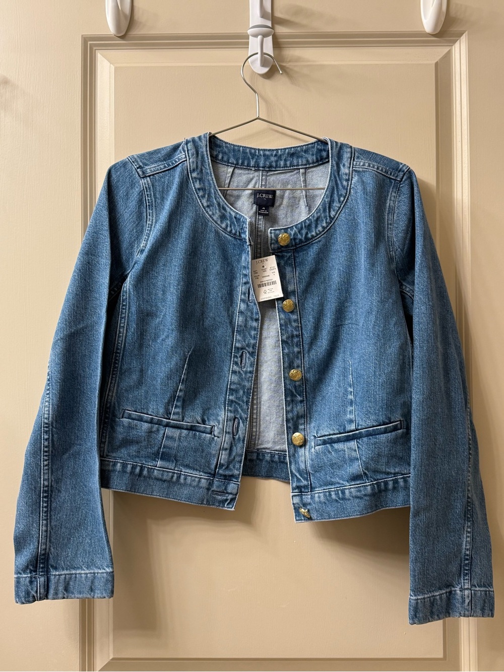 J. Crew Medium Blue Collarless Denim Jacket with Gold Buttons